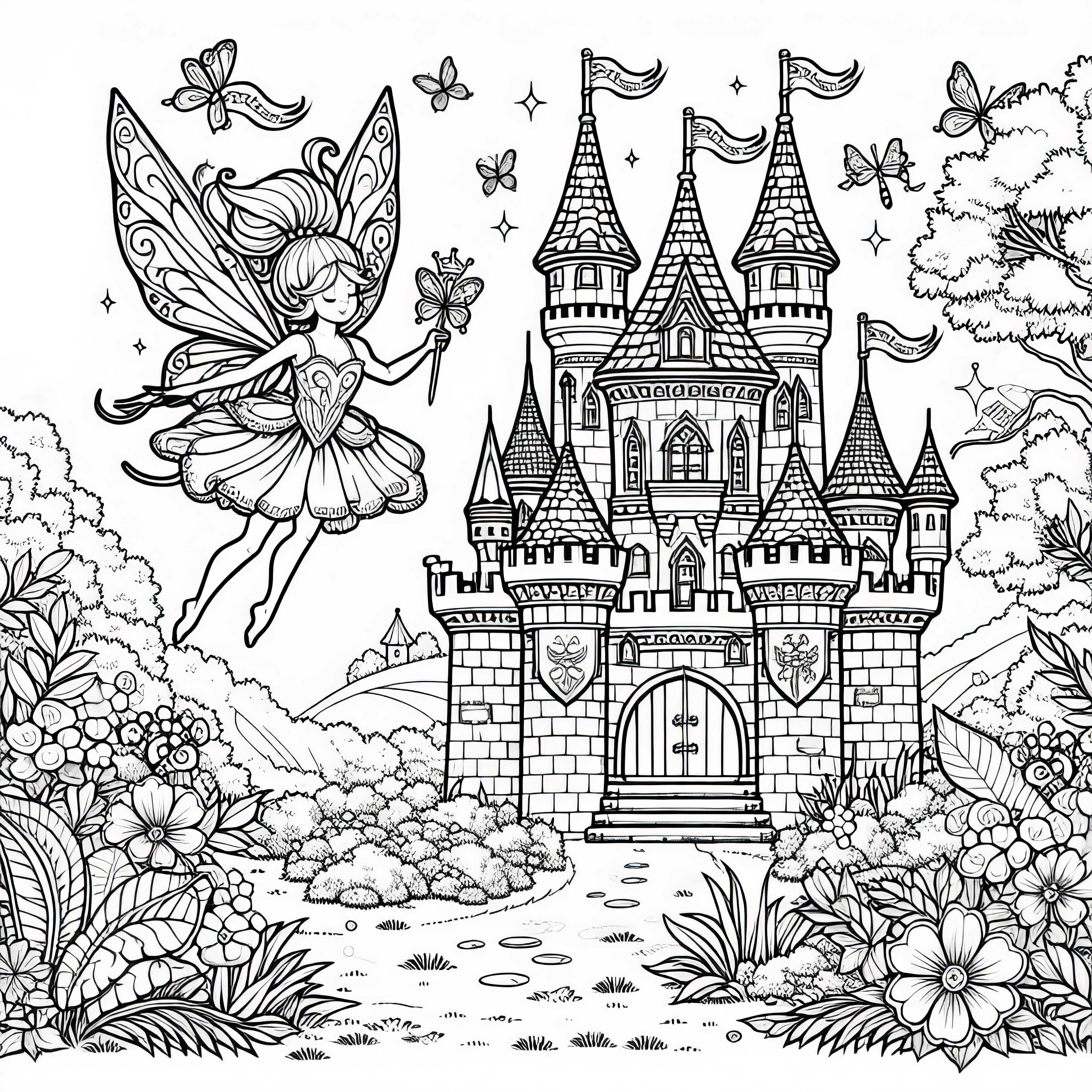 La fata vola sopra un magnifico castello con torri, bandierine e un giardino fiorito: disegno da colorare da scaricare (gratuito)