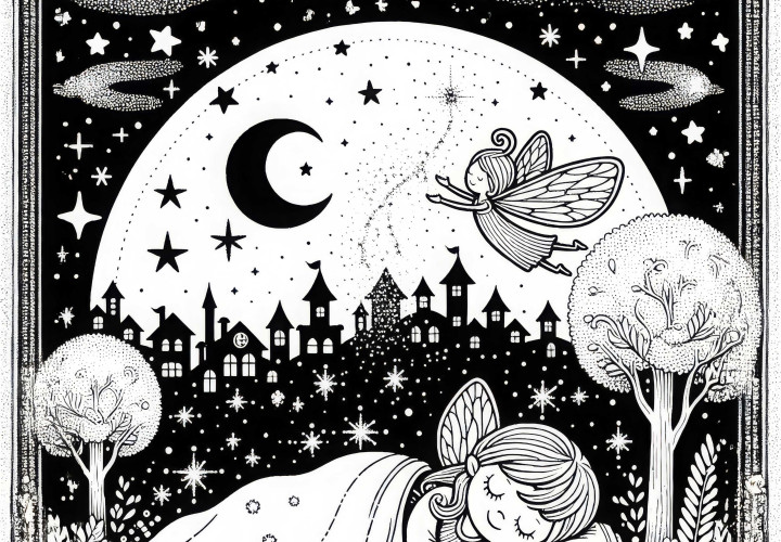 La fata sparge polvere di stelle sulla città addormentata: modello da colorare gratuito Fee sparge polvere di stelle sulla città addormentata: disegno da colorare gratuito