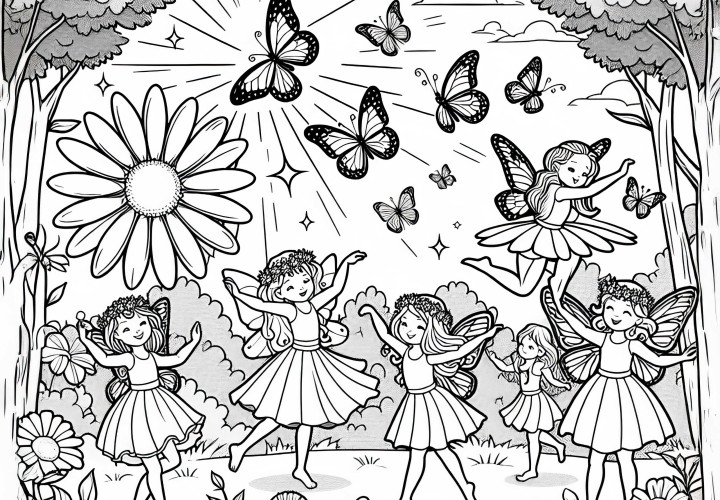 Fate danzano su una radura nel bosco tra farfalle svolazzanti: Immagine da colorare da scaricare (Gratis) Fate danzano su di una radura nel bosco tra le farfalle svolazzanti: Immagine da colorare da scaricare (Gratis)