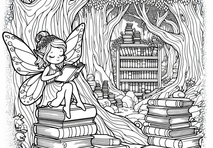 Fee seduta su libri in una biblioteca tra vecchi alberi: Disegno da colorare da scaricare (Gratis) Fee è seduta su libri in una biblioteca tra alberi antichi: Immagine da colorare da scaricare (Gratis)