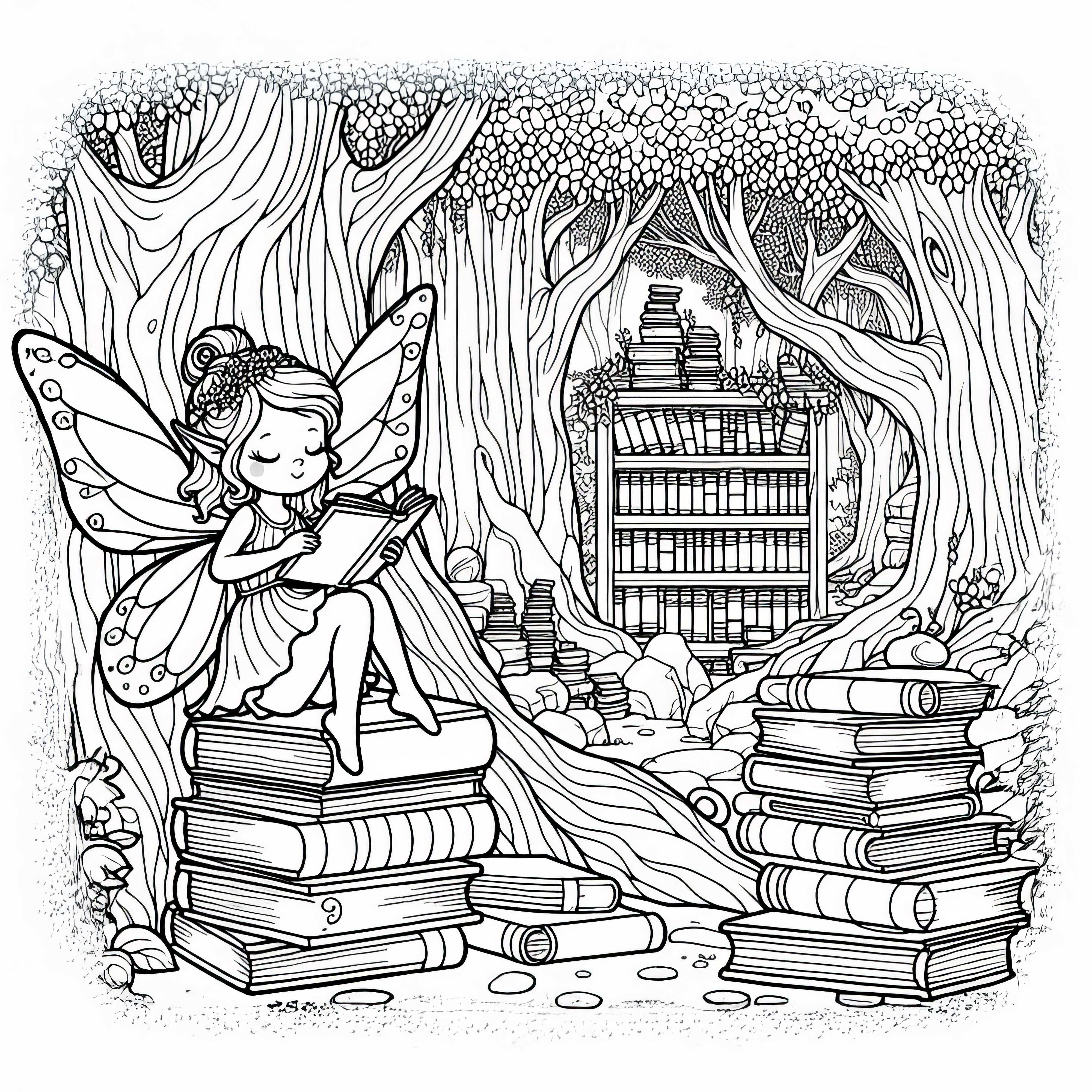 Fee si siede su libri in una biblioteca tra alberi secolari: Disegno da colorare da scaricare (Gratis)