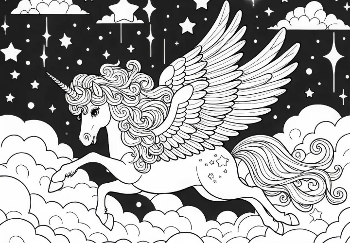 Pegasus s rozprestrenými krídlami klzú po oblohe: Jednoduchý výkres na vymaľovanie ( Zadarmo )