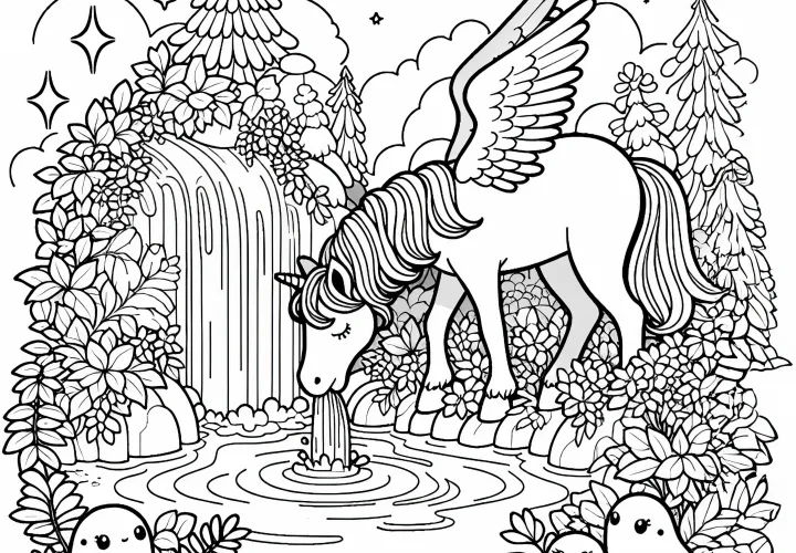 Pegasus pije pri vodopáde, magické bytosti sa pozerajú z krovia: Bezplatný obrázok na vymaľovanie
