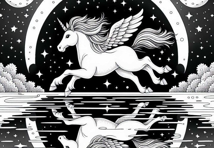 Pegaz galopuje po lustrzanej powierzchni wody: Prosta kolorowanka (Darmowa) Pegaz galopuje po lustrzanej powierzchni wody: Prosty szablon do kolorowania (Darmowy)