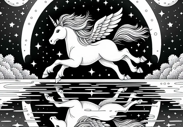 Pegasus sa preháňa po zrkadlovej vodnej ploche: Jednoduchá omaľovánka (zadarmo)