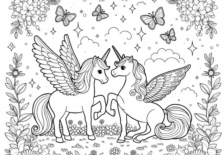 Pegasus a jednorožec stoja proti sebe na rozkvitnutej lúke: Predloha na sfarbenie na stiahnutie (zadarmo)