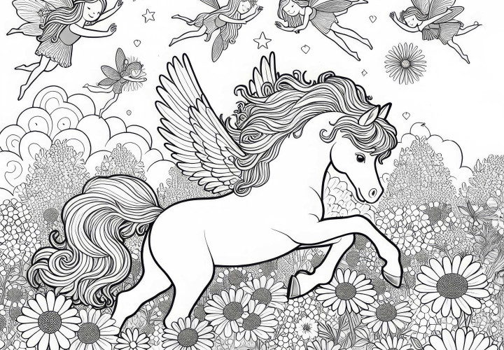 Młody Pegasus biega po łące pełnej kwiatów i wróżek: Darmowy szablon do kolorowania Młody Pegaz bryka po łące pełnej kwiatów i wróżek: Darmowy szablon do kolorowania