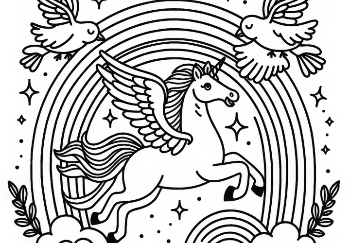 Pegasus lieta cez dúhu, zatiaľ čo ho sprevádzajú vtáky: Obrázok na vymaľovanie na stiahnutie (zadarmo)