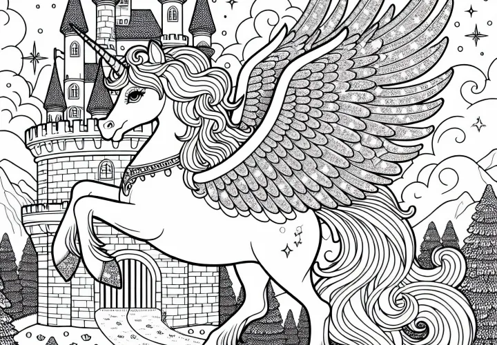 Mocný Pegasus stráži rozprávkový hrad: Tlačiteľná farbička na stiahnutie (Zadarmo)