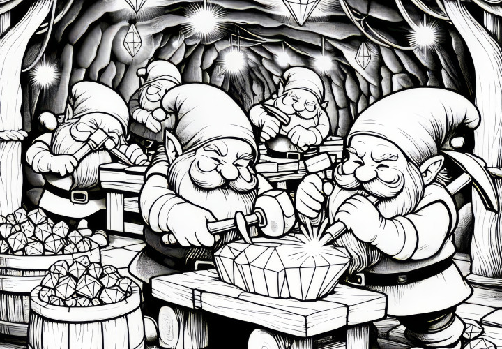 Dwarfs work in a workshop full of gems: Coloring page for download (Free) Dwarfs work in a workshop full of gemstones: Coloring page available for download (Free)