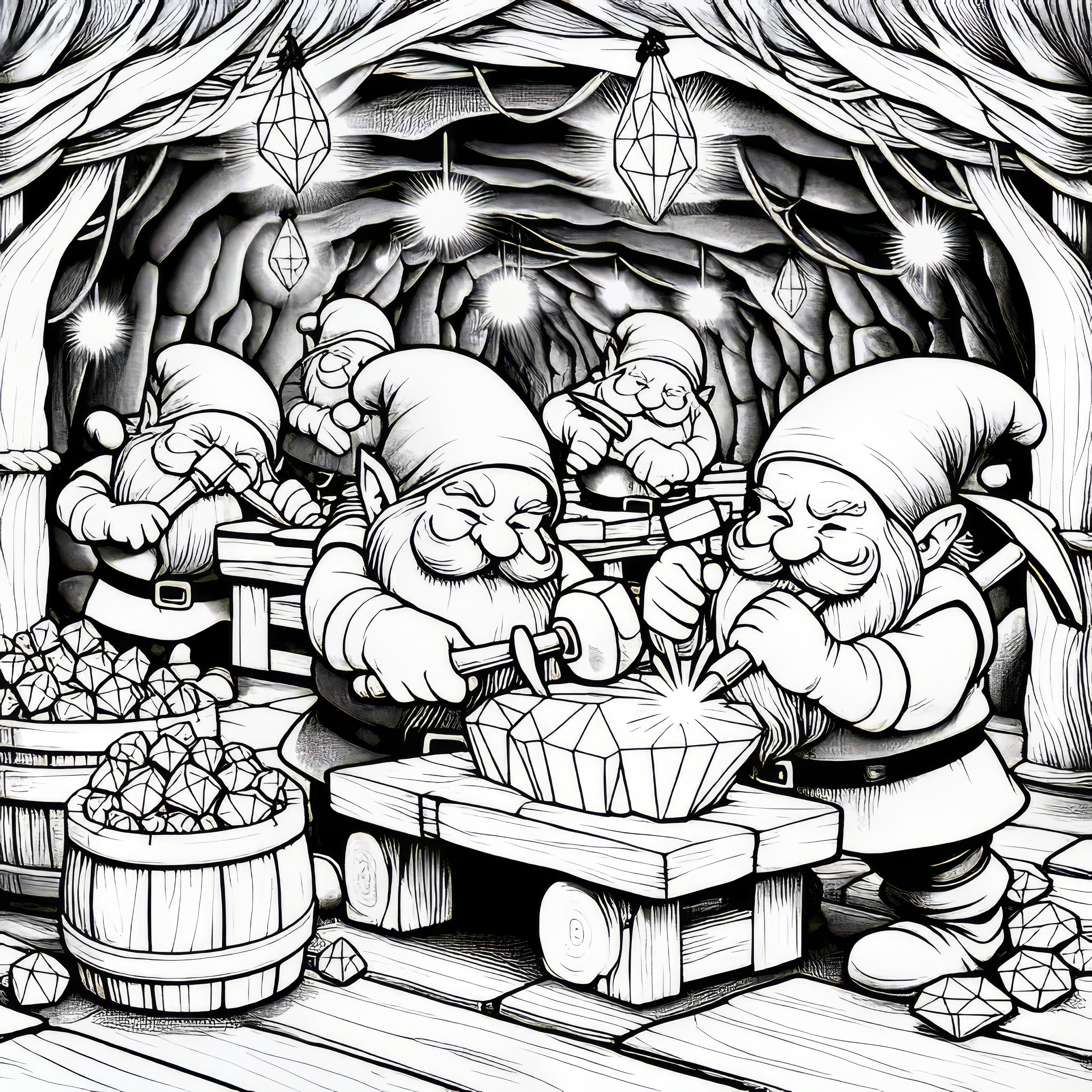Dwarves working in a workshop full of gemstones: Coloring page for download (Free)