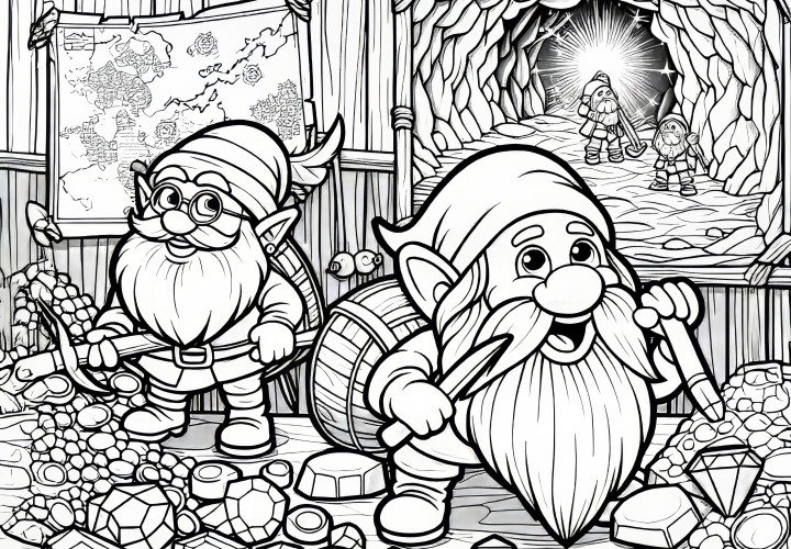 Dwarfs digging in a mine for gemstones and gold: Coloring page for download (Free) Dwarfs are digging in a mine for gems and gold: Coloring page for download (Free)