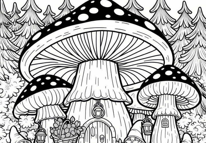 Small houses made from giant mushrooms stand in the forest with dwarfs: Free coloring page Small houses made of gigantic mushrooms are in the forest with dwarfs: Free coloring page