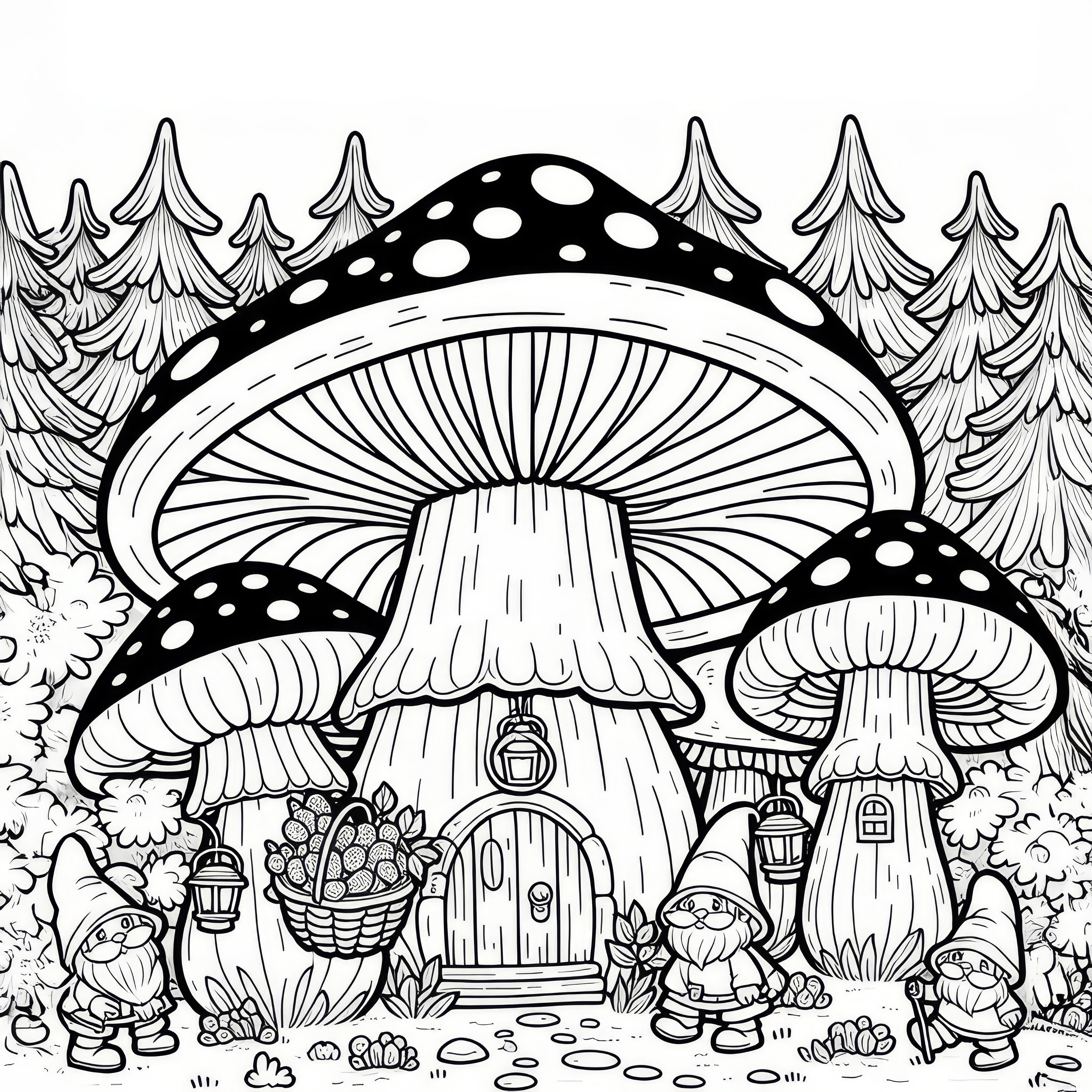 Small houses made of giant mushrooms stand in the forest with dwarfs: Free coloring page