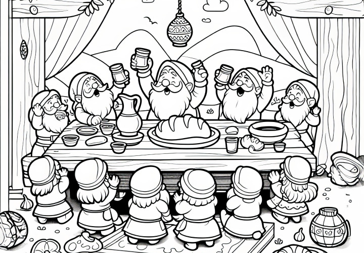 Dwarfs celebrate a big feast at a wooden table with jugs and bread: Free coloring page Dwarves celebrate a grand feast at a wooden table with jugs and bread: Free coloring page