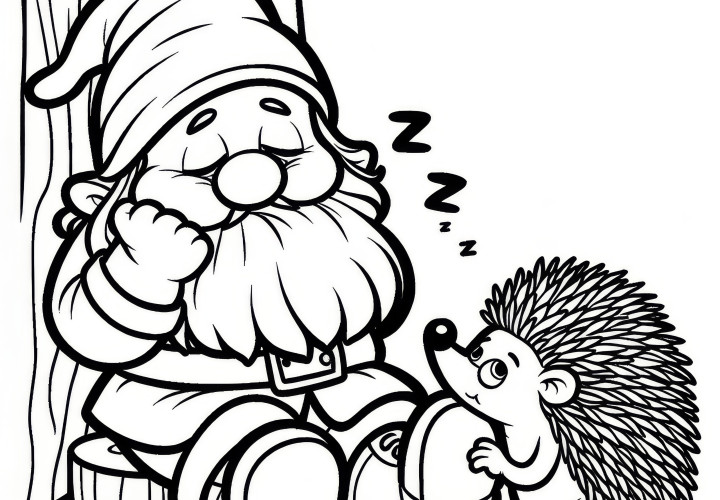 Tired dwarf leans against a tree while a curious hedgehog sits beside him: Free coloring page Tired dwarf leans against a tree while a curious hedgehog sits next to him: Free coloring page