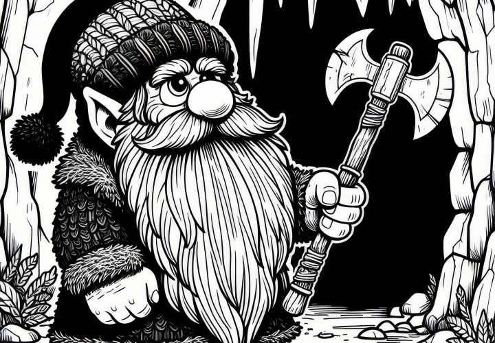 Dwarf with bushy beard holding a large axe and looking at a dark cave entrance: Free coloring template Dwarf with bushy beard holding a large axe and looking at a dark cave entrance: Free coloring page
