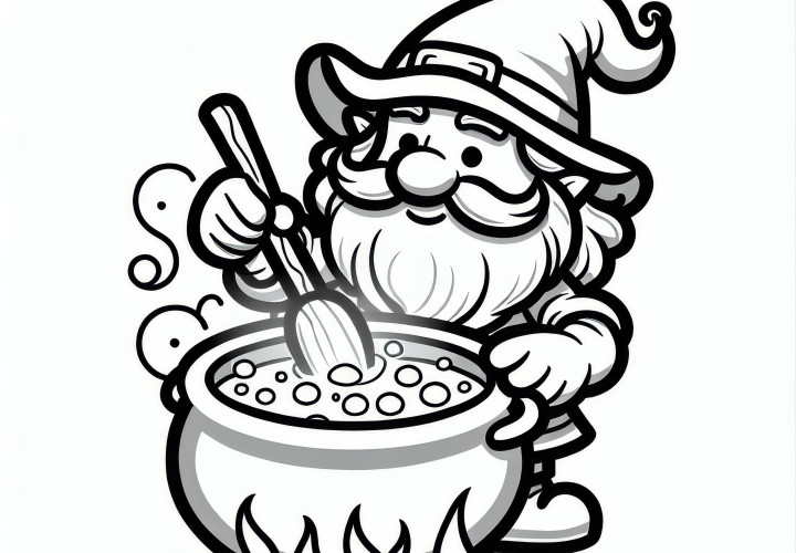 Dwarf stirs in steaming cauldron: Simple coloring template (Free) Dwarf stirs in steaming cauldron: Simple coloring template (Free)