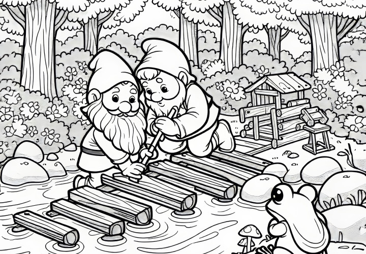Two dwarfs are building a wooden bridge while a frog watches: Coloring page to download (Free) Two dwarfs are building a wooden bridge while a frog watches: Coloring page to download (Free)