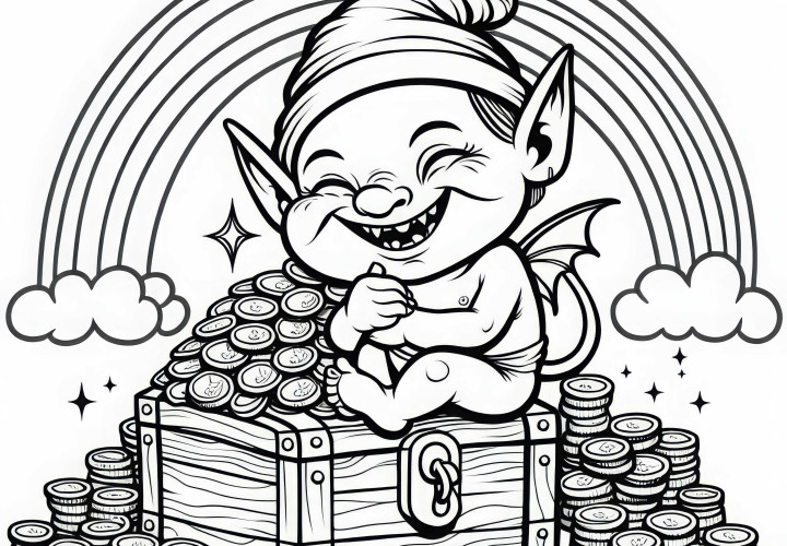 Un duende travieso se sienta sobre un baúl lleno de monedas de oro y sonríe de forma pícara: Imagen para colorear gratis Un travieso duende se sienta sobre un cofre lleno de monedas de oro y sonríe de manera pícara: Dibujo para colorear gratis