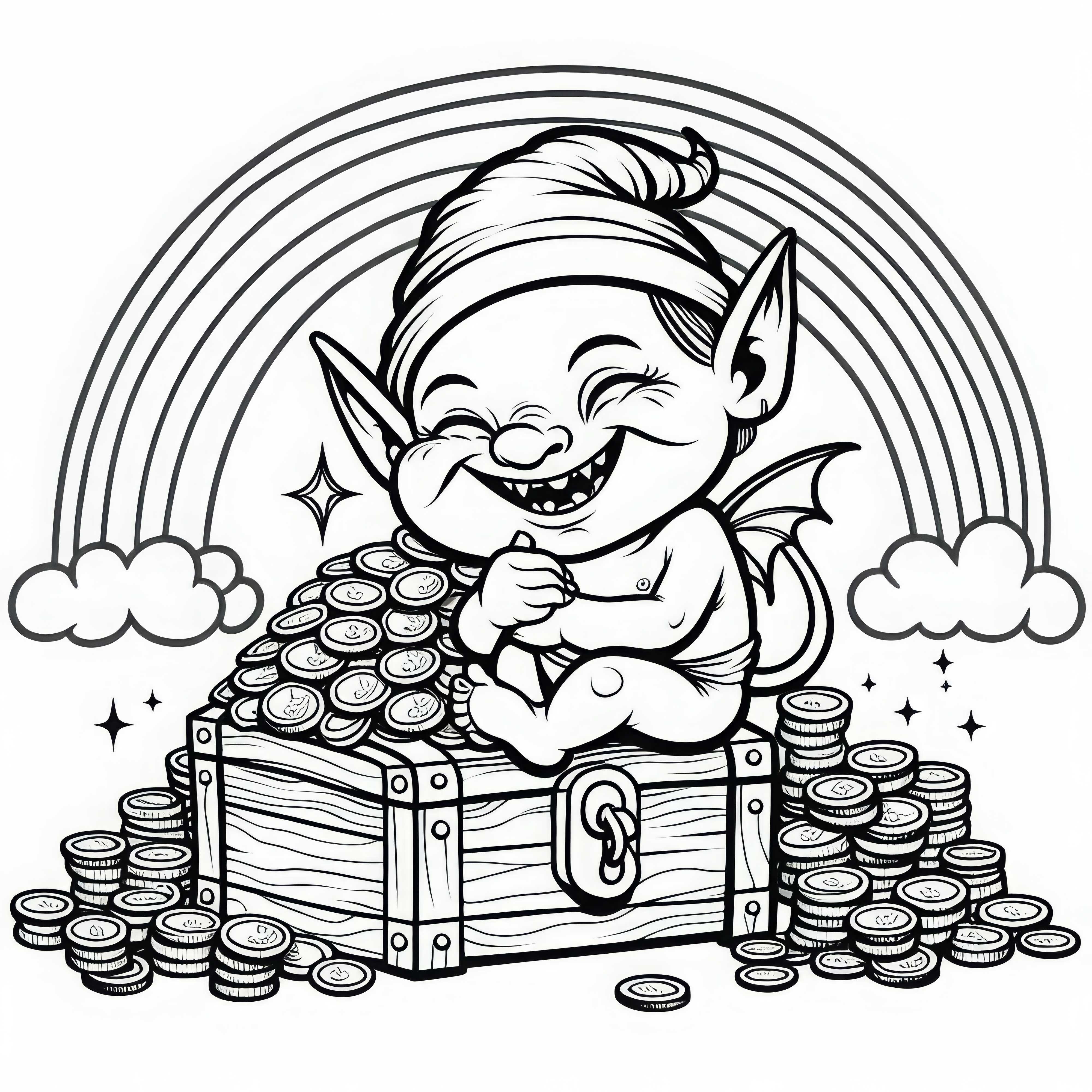 Un duende travieso se sienta sobre un cofre lleno de monedas de oro y sonríe con picardía: Dibujo para colorear gratis