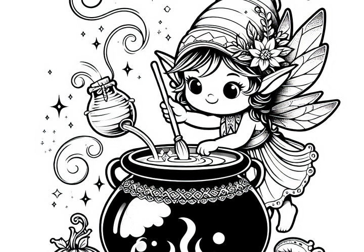 Kobold remueve en una olla burbujeante llena de ingredientes mágicos: Plantilla para descargar (Gratis) Kobold revuelve en un caldero burbujeante lleno de ingredientes mágicos: plantilla para colorear para descargar (Gratis)