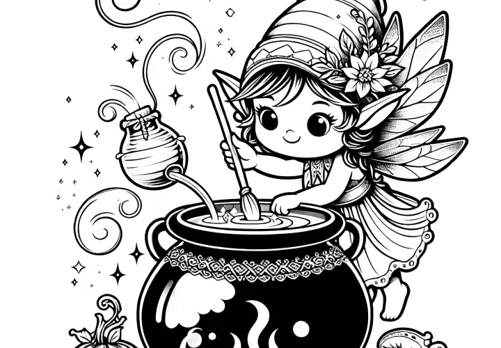 Kobold mieša v varenom kotli plnom magických ingrediencií: Omalovánka na stiahnutie (zadarmo)
