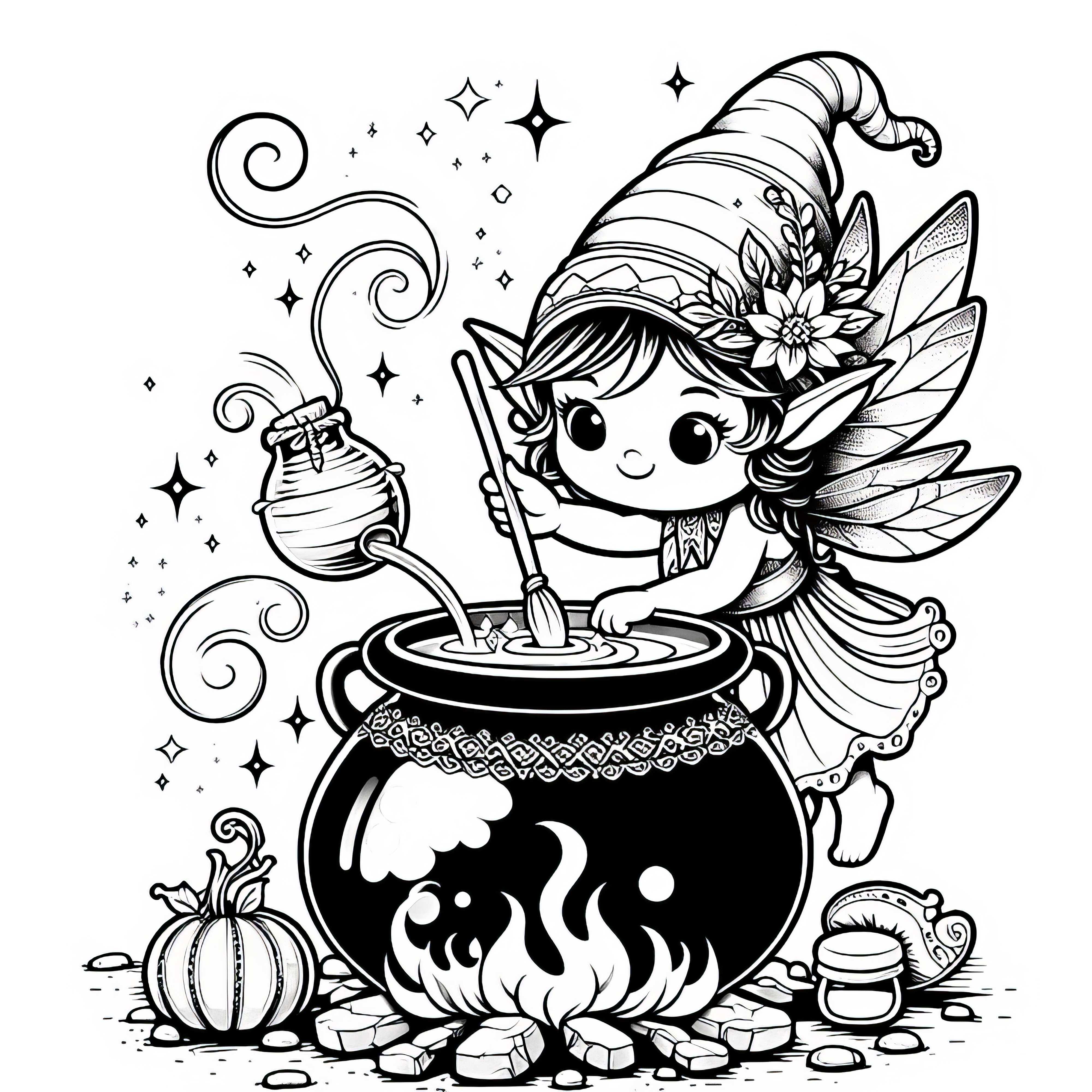 Kobold revuelve en una olla burbujeante llena de ingredientes mágicos: Plantilla para descargar (Gratis)