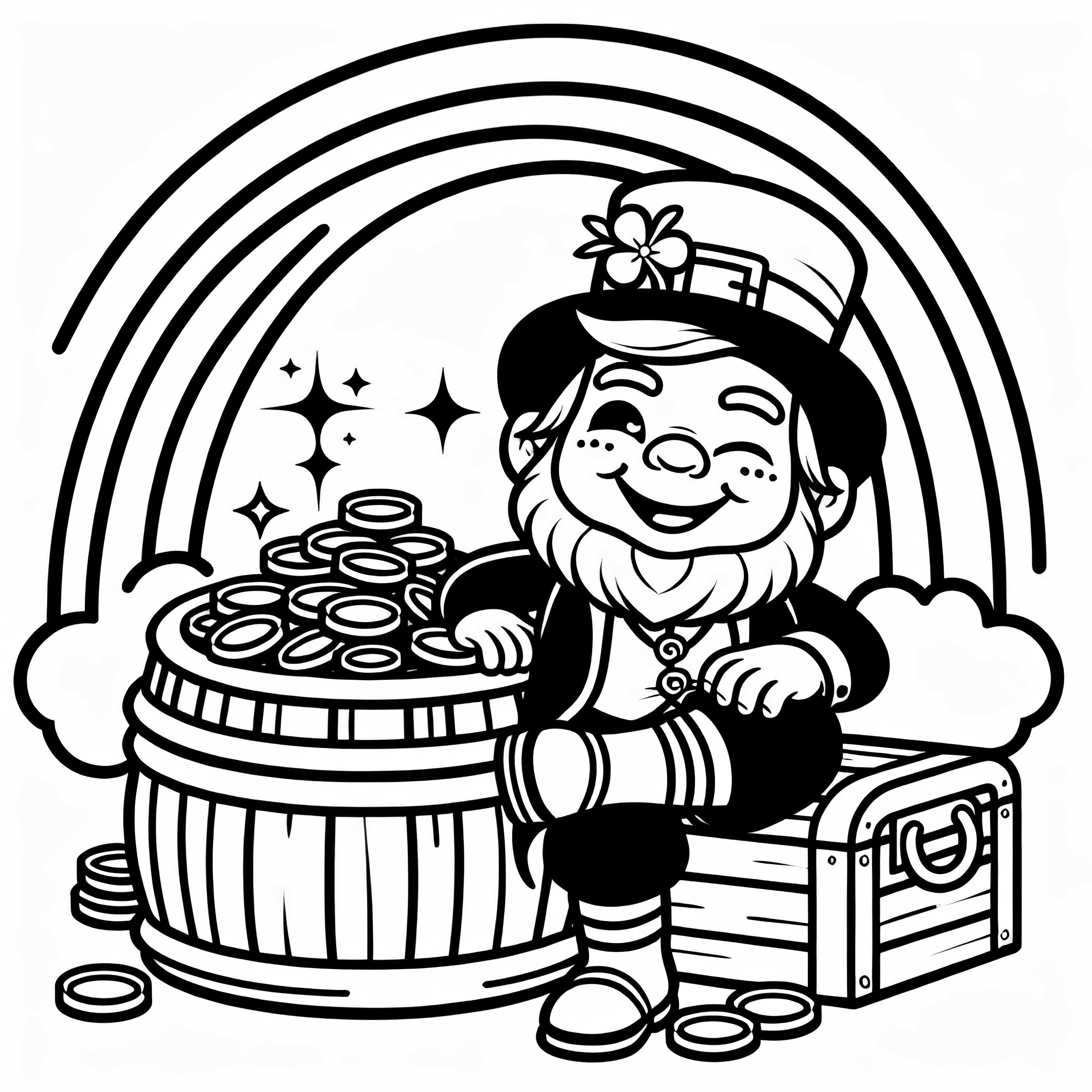 Duende travieso sentado sobre un cofre lleno de monedas de oro: Dibujo para colorear sencillo (Gratis)