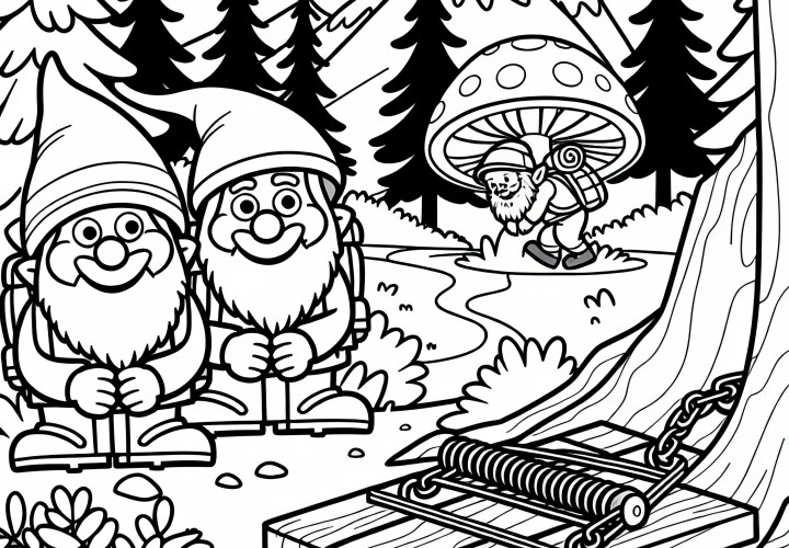 Duendes en el bosque tienden una trampa: Dibujo para colorear para descargar (Gratis) Duendes en el bosque preparan una trampa: Imagen para colorear para descargar (Gratis)