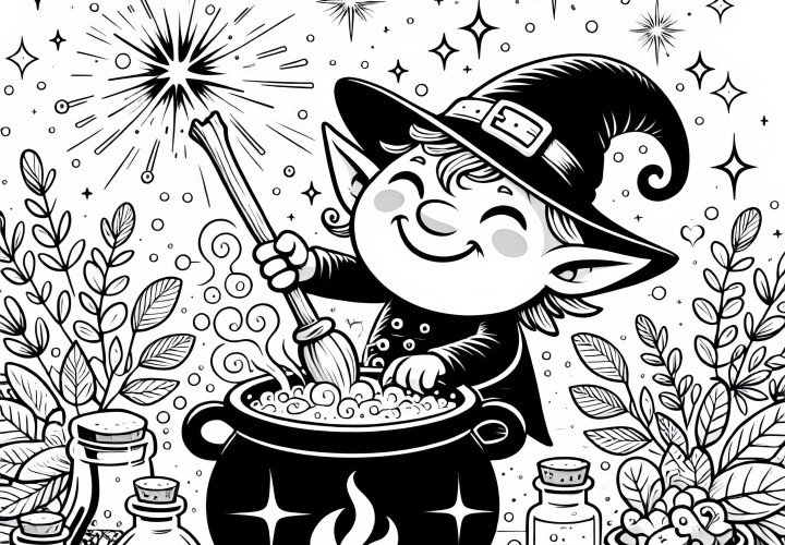 Kobold remue dans une marmite : modèle de coloriage gratuit Un gobelin remue dans un chaudron : Modèle de coloriage gratuit