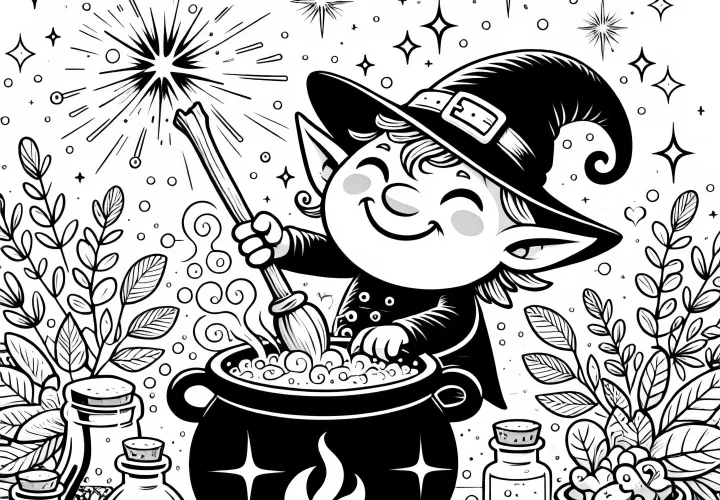 Un gobelin remue dans un chaudron : Modèle de coloriage gratuit