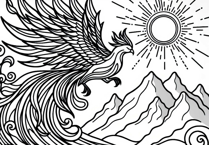 Le phénix vole haut au-dessus des montagnes - Dessin à colorier gratuit