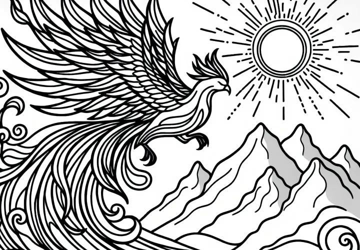 Le phénix vole haut au-dessus des montagnes - Dessin à colorier gratuit