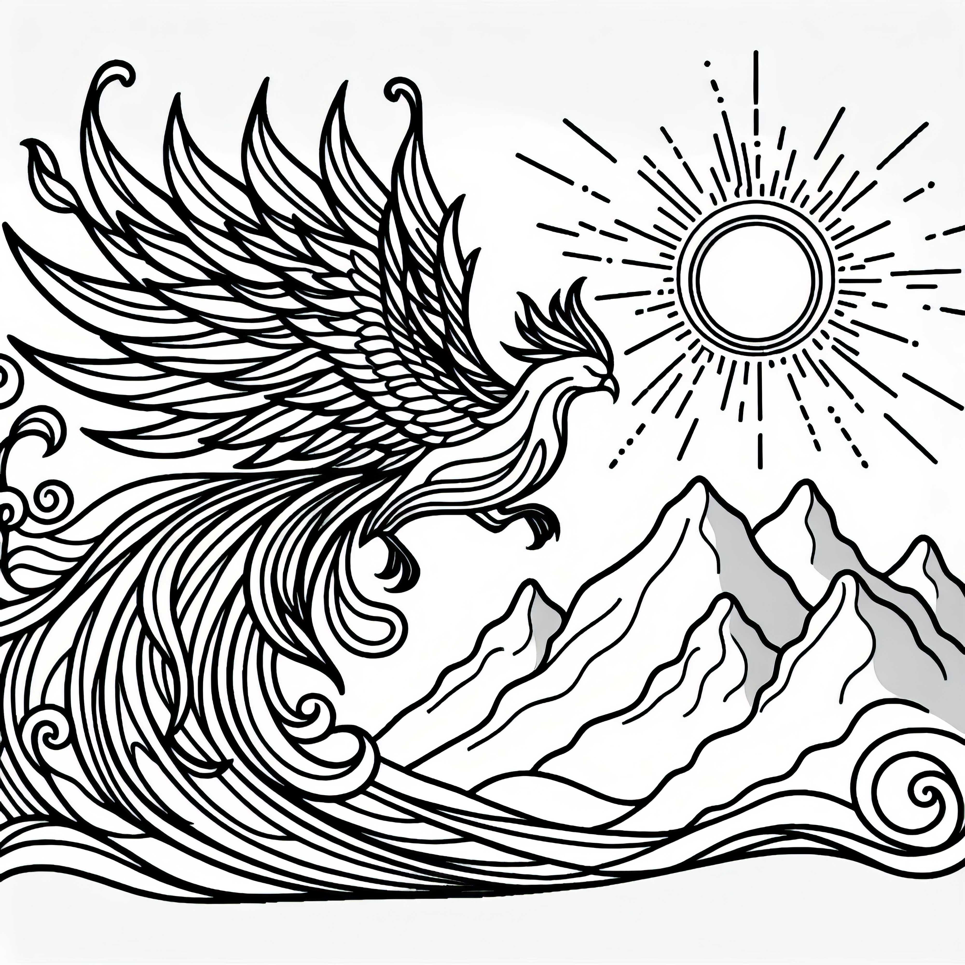 Le phénix vole haut au-dessus des montagnes – Coloriage gratuit