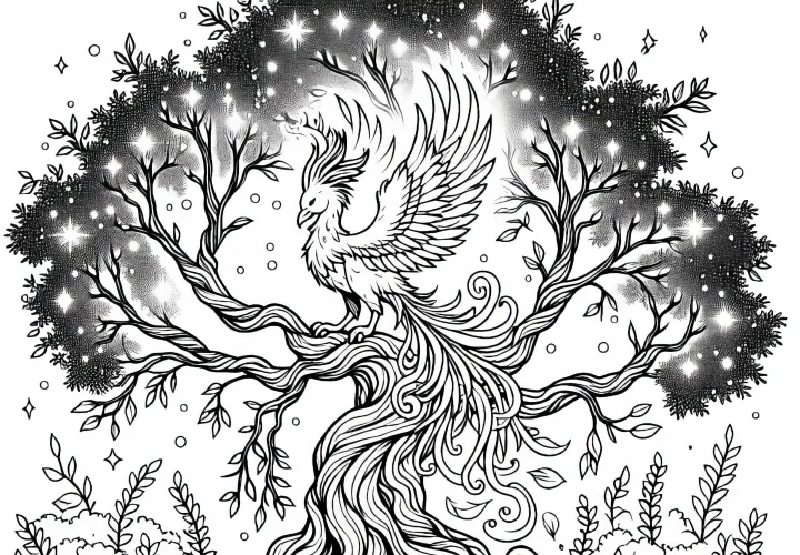 Le phoenix est assis sur un arbre ensorcelé - Image à colorier gratuite