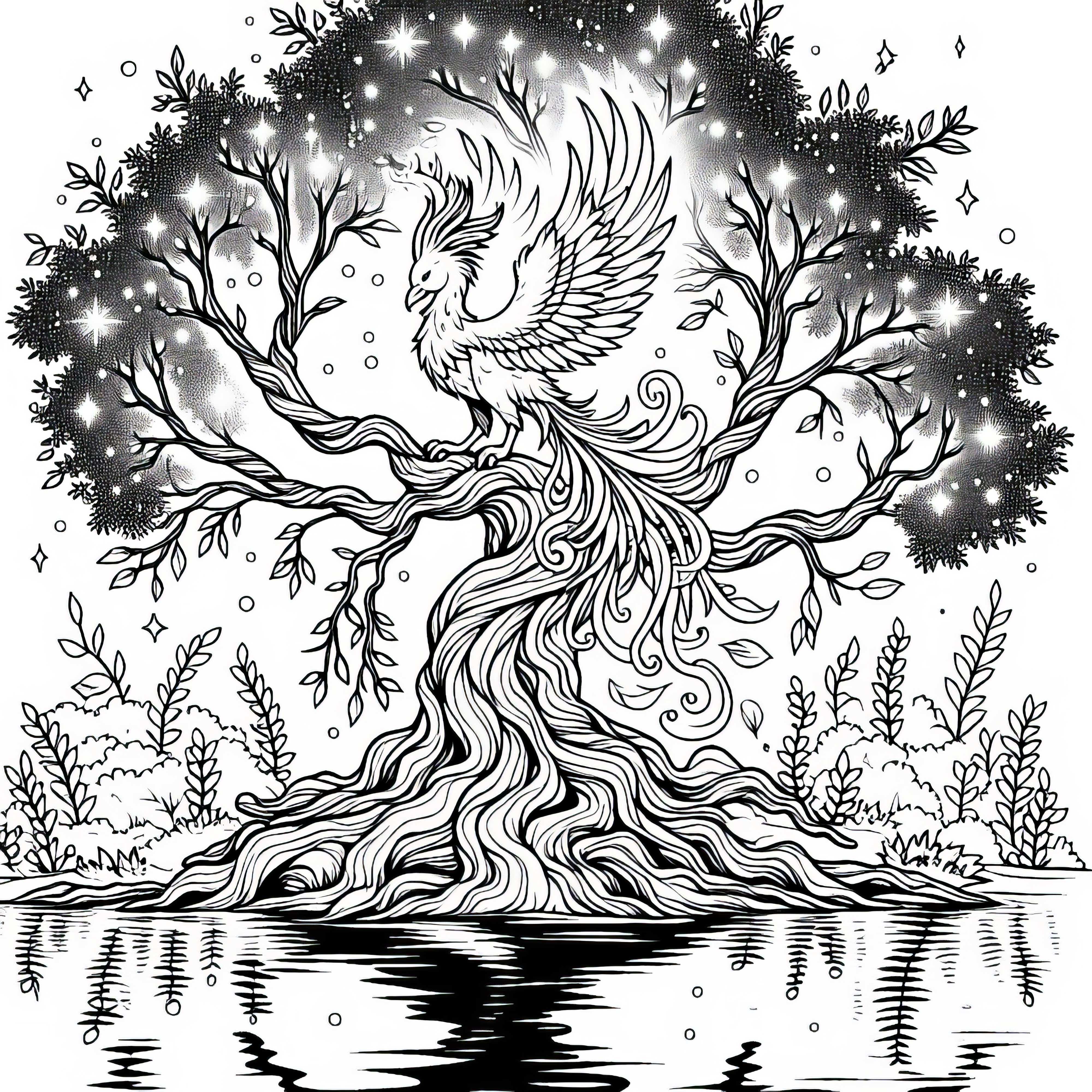 Un phénix est assis sur un arbre ensorcelé - Dessin à colorier gratuit