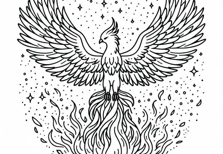 Un phénix majestueux s'élève avec des ailes déployées des cendres ardentes - Dessin à colorier gratuit