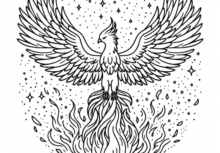 Un phénix majestueux s'élève avec des ailes déployées des cendres ardentes - Dessin à colorier gratuit