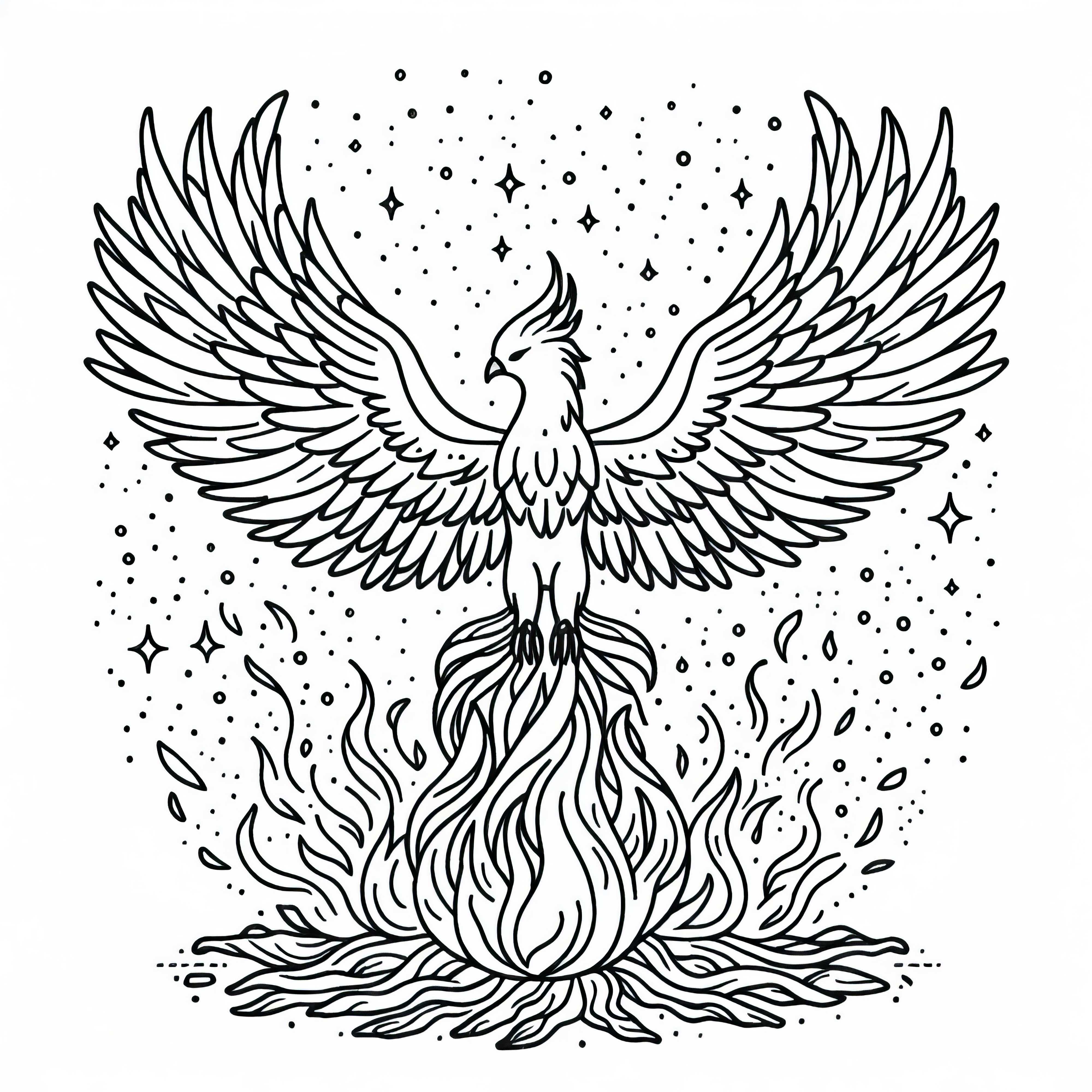 Un phoenix majestueux s'élève avec des ailes déployées des cendres ardentes – Image à colorier gratuite