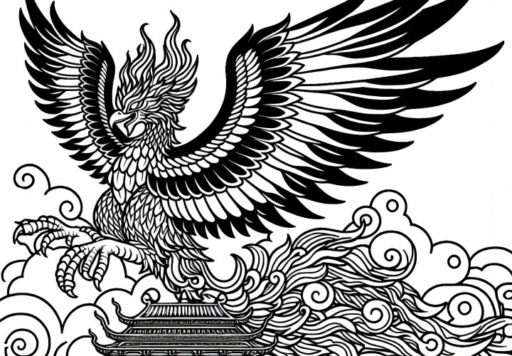 Un énorme phœnix trône au sommet d'un ancien temple – Modèle de coloriage simple gratuit