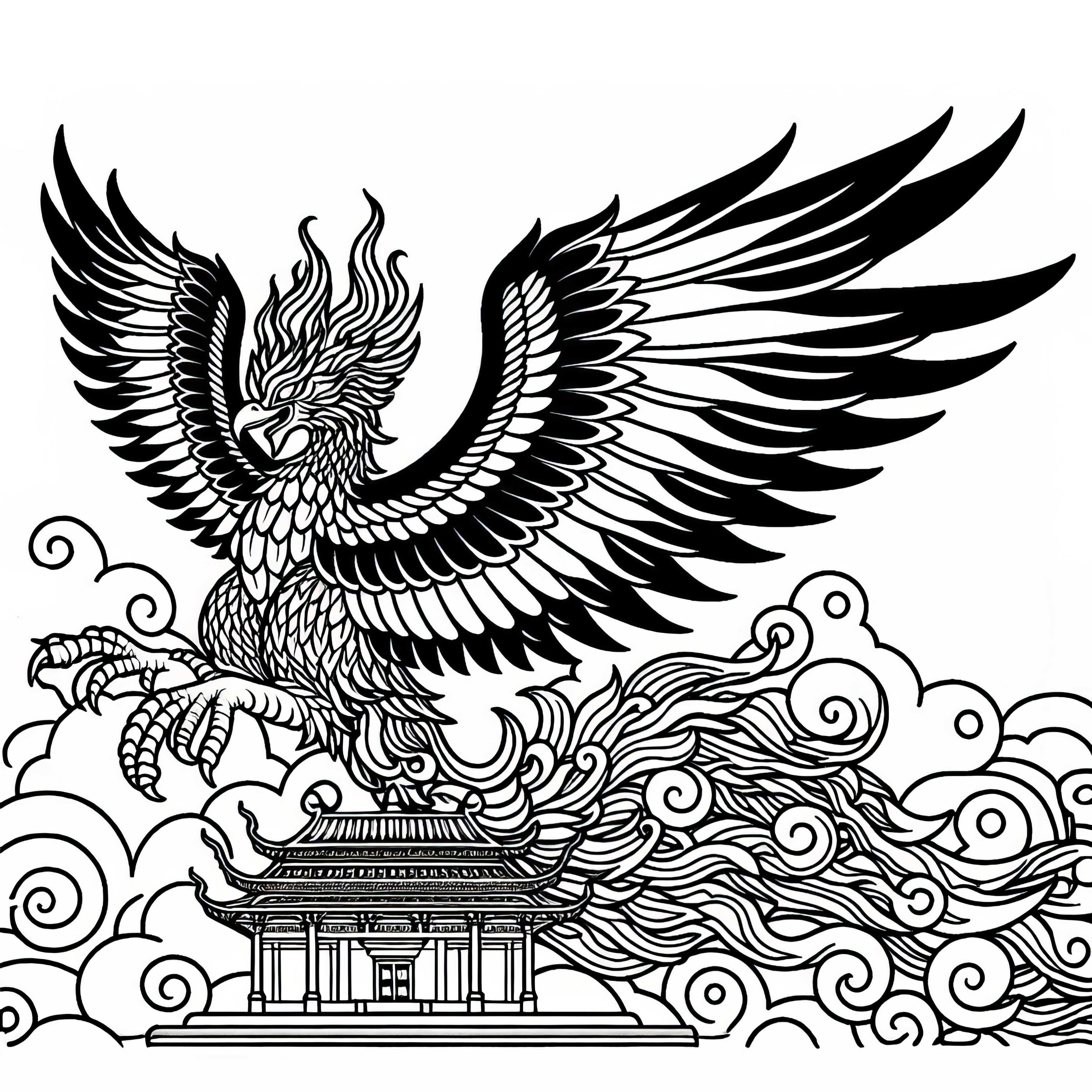 Un énorme phoenix trône au sommet d'un ancien temple - Modèle à colorier simple gratuit