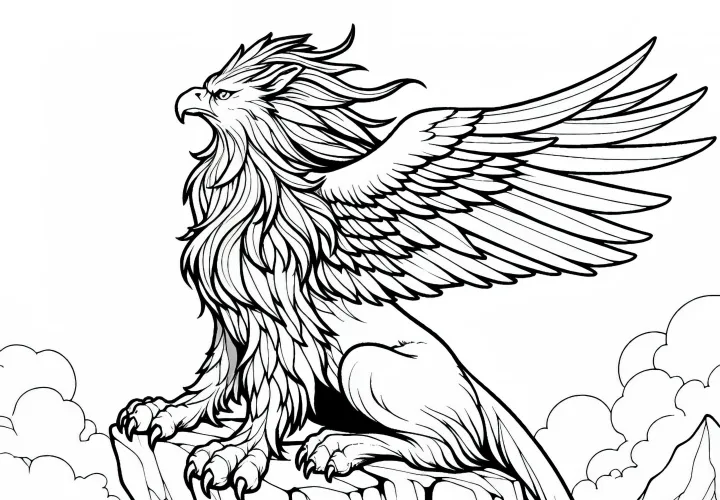 Un puissant griffon est assis sur un rocher et regarde fièrement la vallée - fiche à colorier gratuite