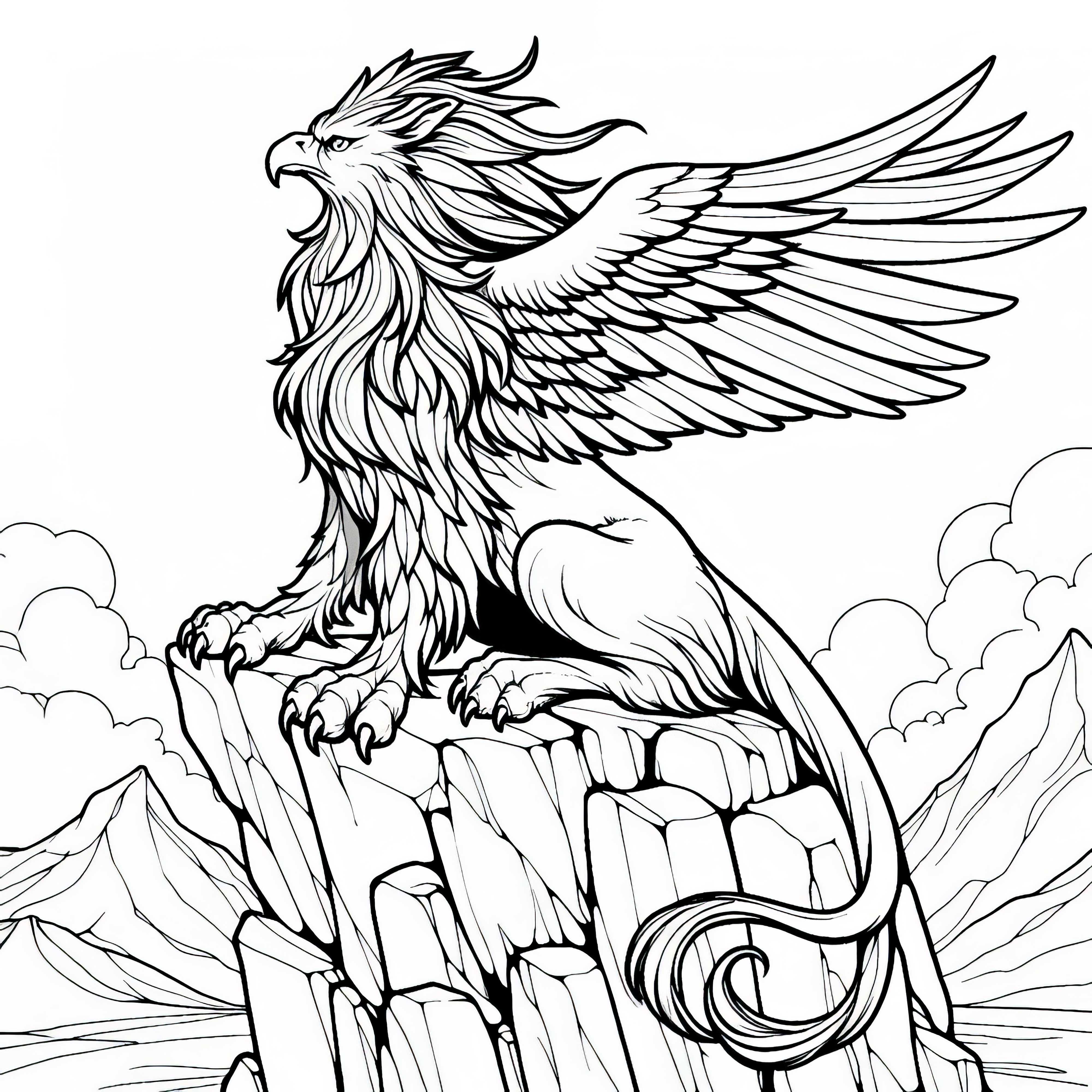 Puissant griffon assis sur un rocher, regardant fièrement la vallée – Feuille de coloriage gratuite