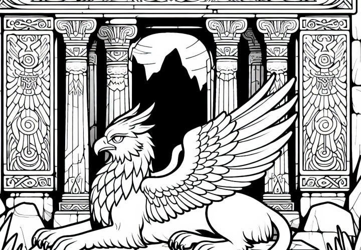Griffon repose devant un ancien temple – Dessin à colorier gratuit