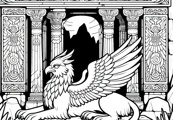 Griffon repose devant un ancien temple – Dessin à colorier gratuit