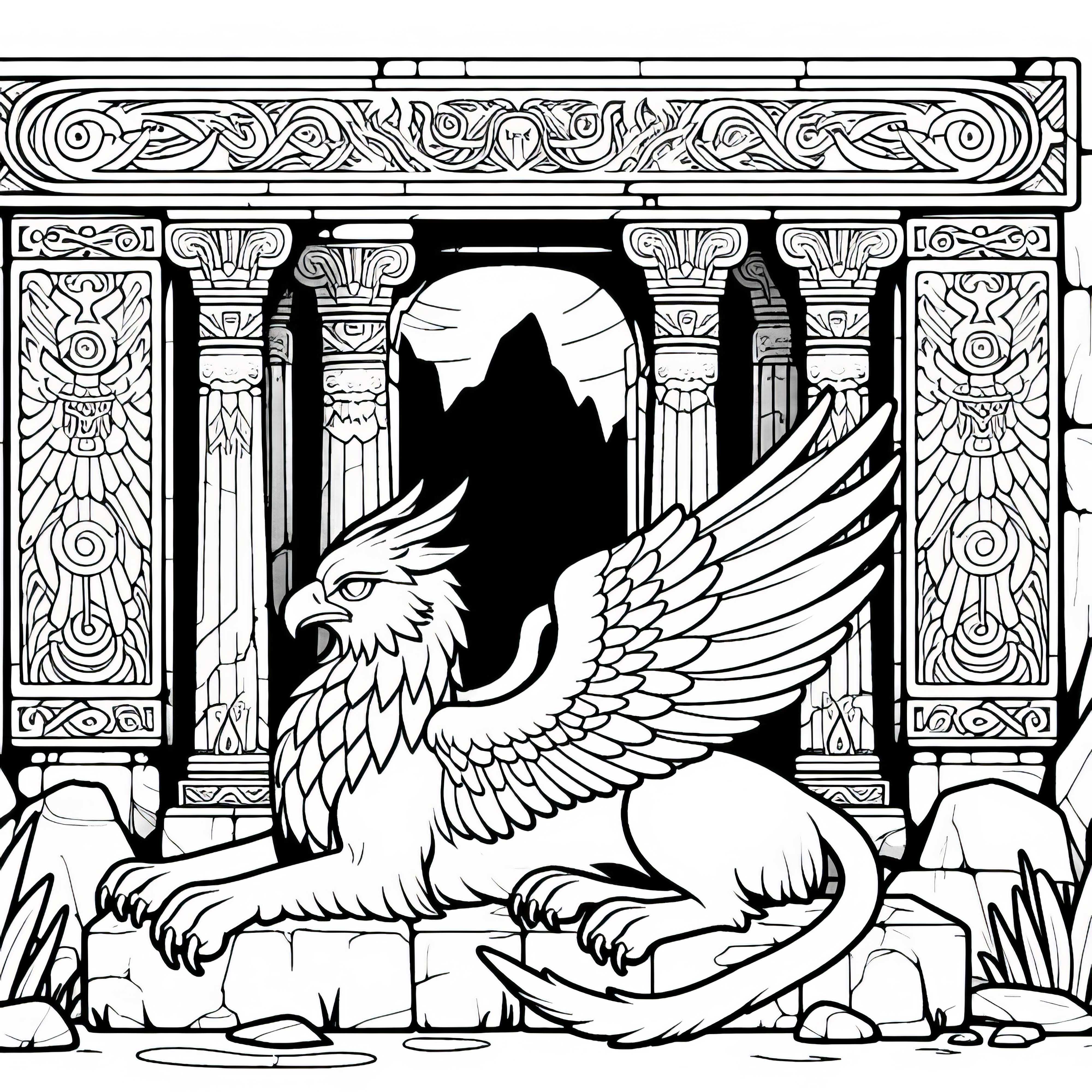 Le griffon repose devant un ancien temple – Image à colorier gratuite