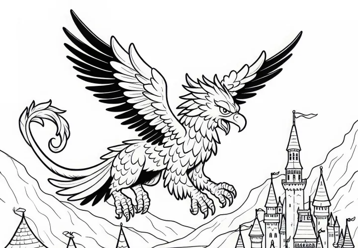 Un griffon plane avec les ailes déployées au-dessus de la ville château – Image à colorier gratuite