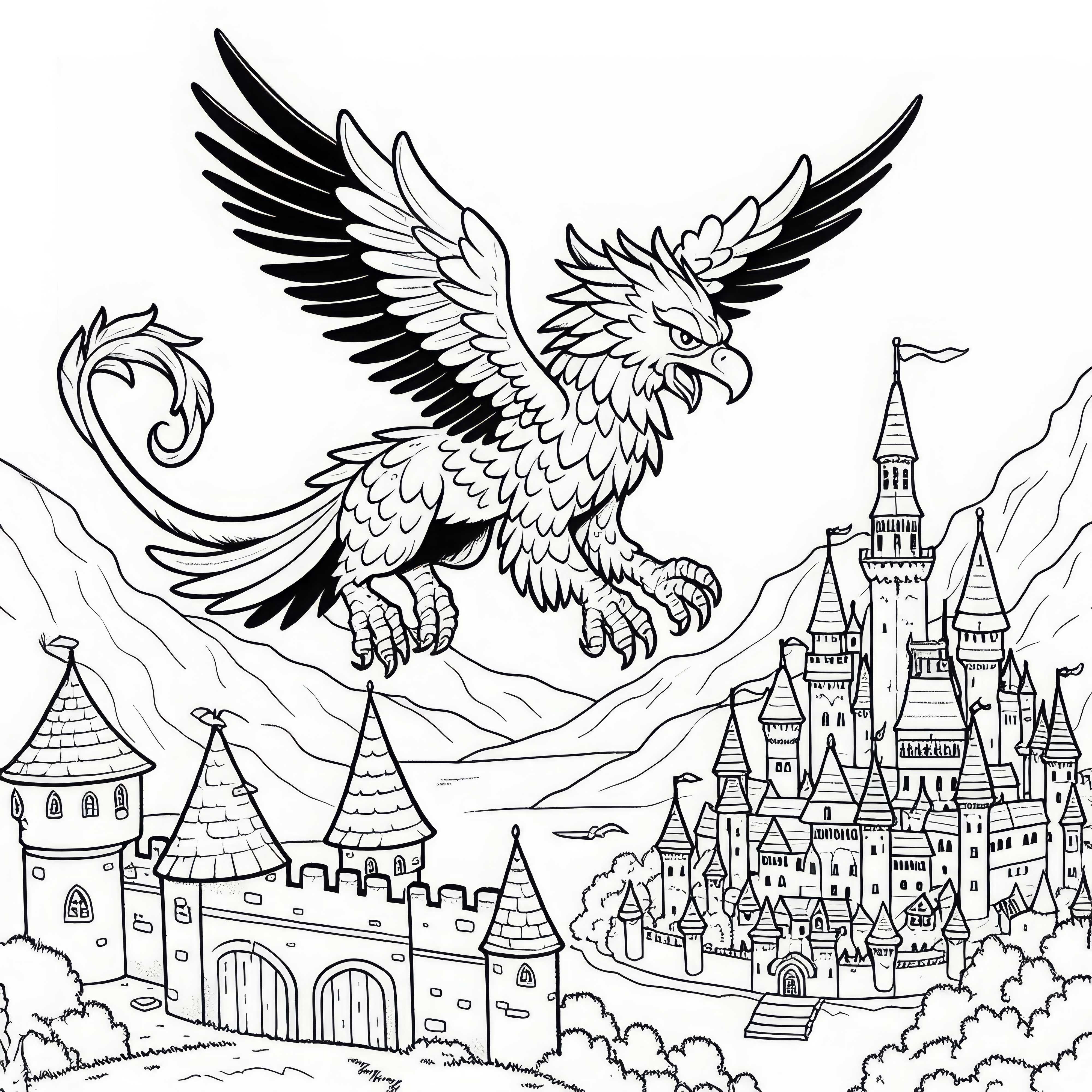 Le griffon plane avec les ailes déployées au-dessus de la ville-forteresse – Dessin à colorier gratuit