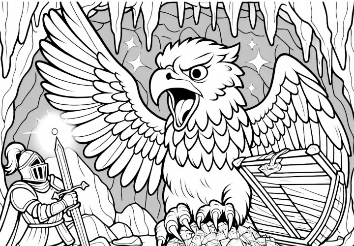 Le dragon défend un trésor caché dans une grotte contre un vaillant chevalier - Dessin à colorier à télécharger